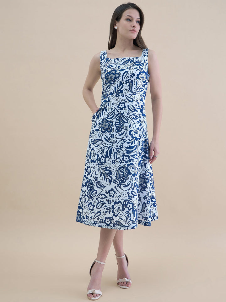 Blue-White-Cotton-Floral-Printed-Fit-&-Flare-Midi-Dress