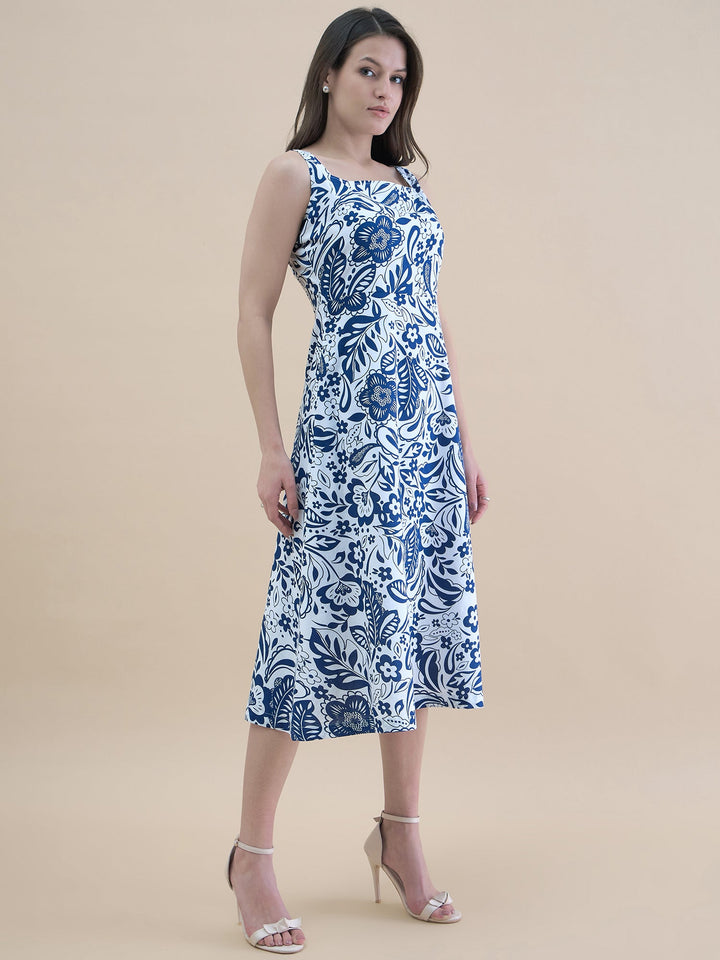 Blue-White-Cotton-Floral-Printed-Fit-&-Flare-Midi-Dress