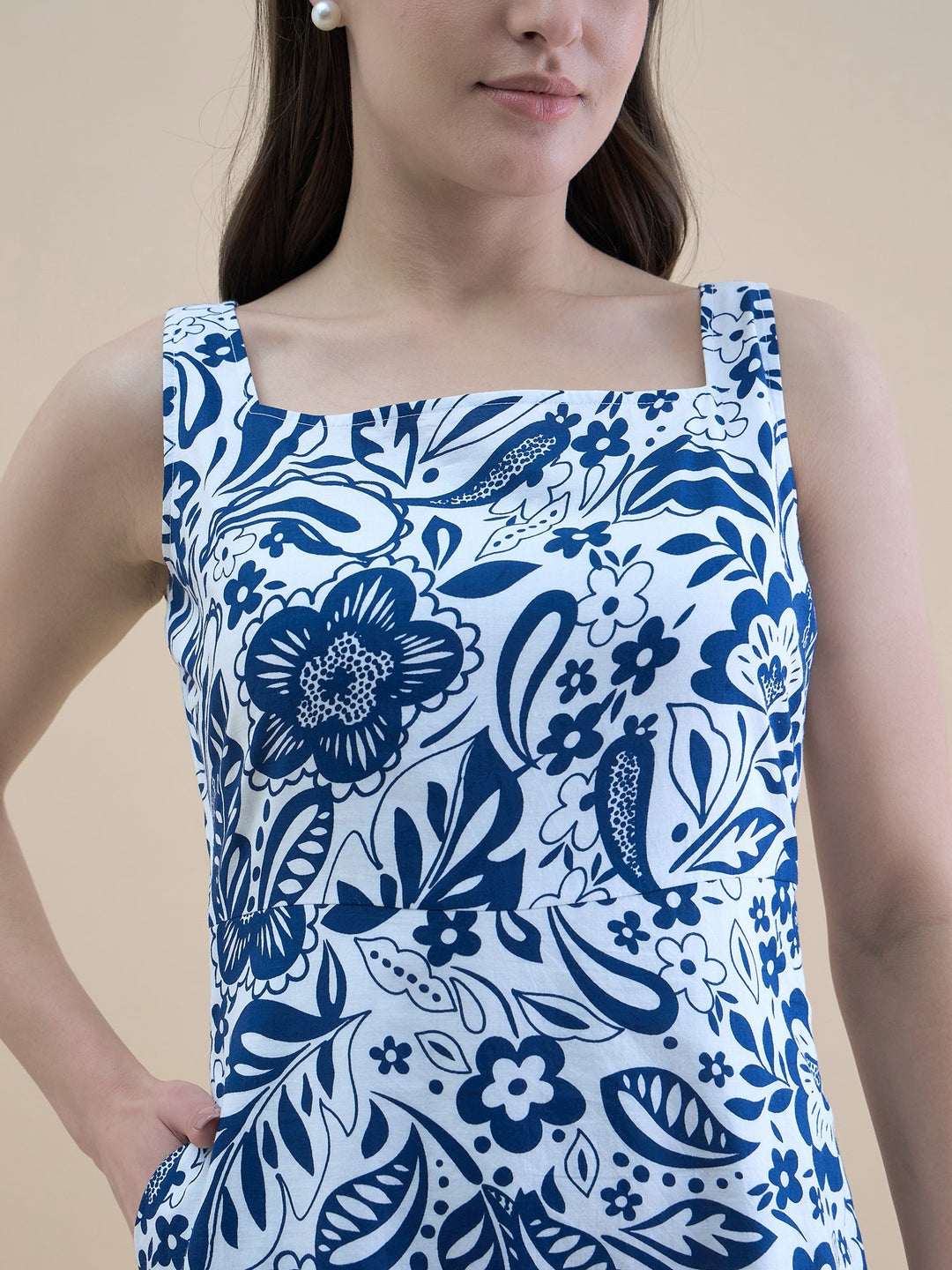 Blue-White-Cotton-Floral-Printed-Fit-&-Flare-Midi-Dress