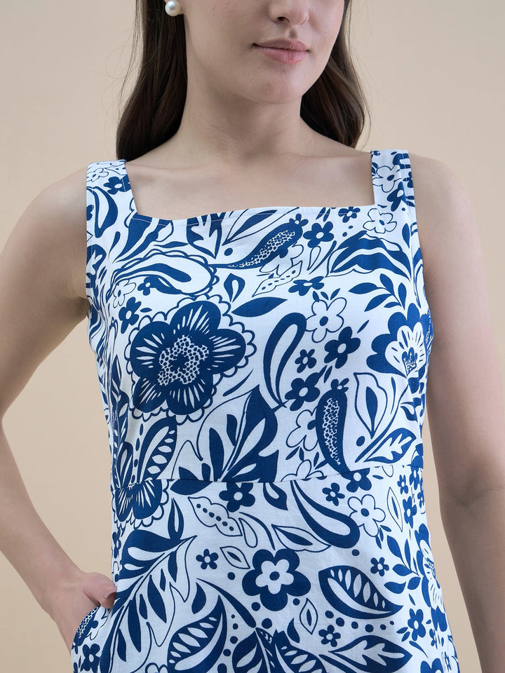 Blue-White-Cotton-Floral-Printed-Fit-&-Flare-Midi-Dress