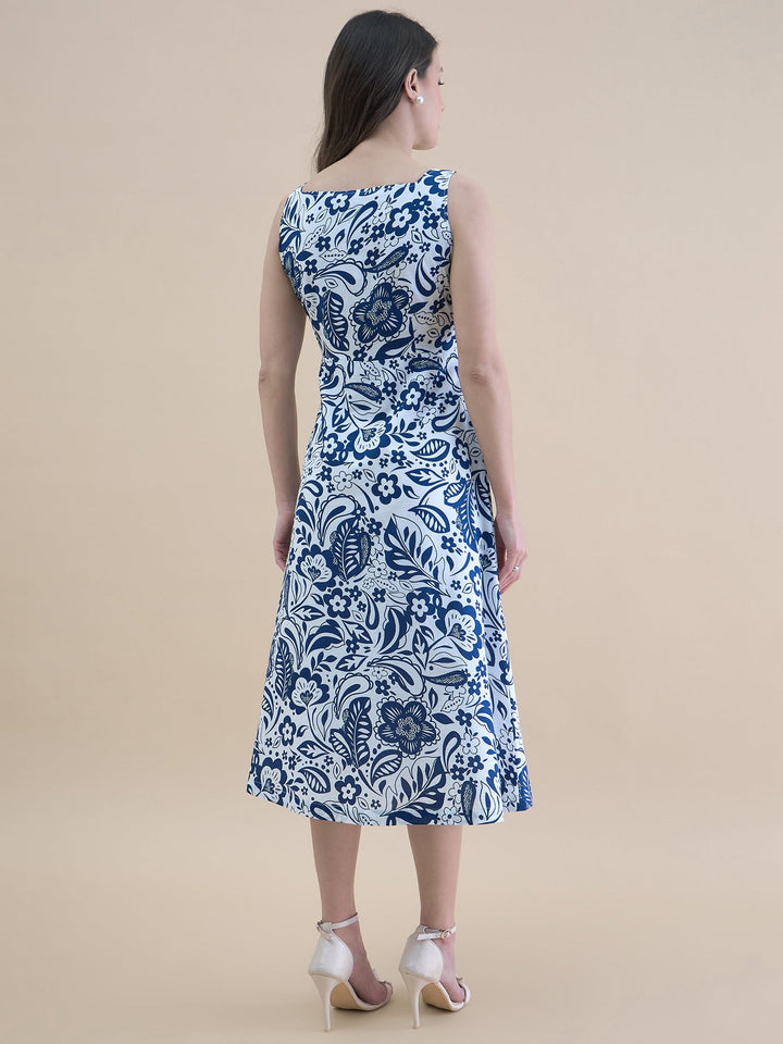 Blue-White-Cotton-Floral-Printed-Fit-&-Flare-Midi-Dress