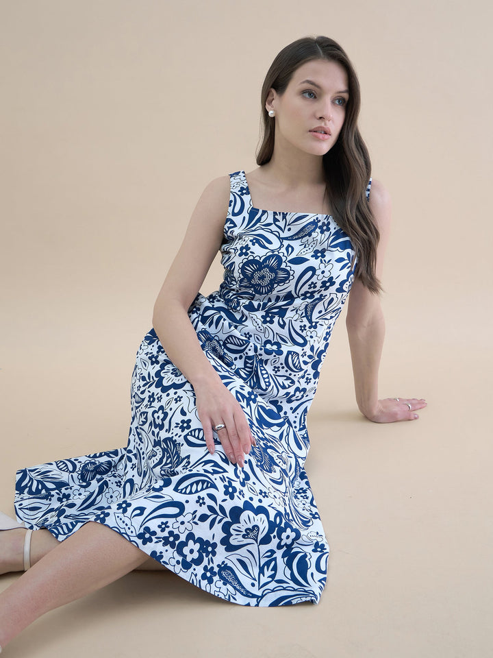 Blue-White-Cotton-Floral-Printed-Fit-&-Flare-Midi-Dress