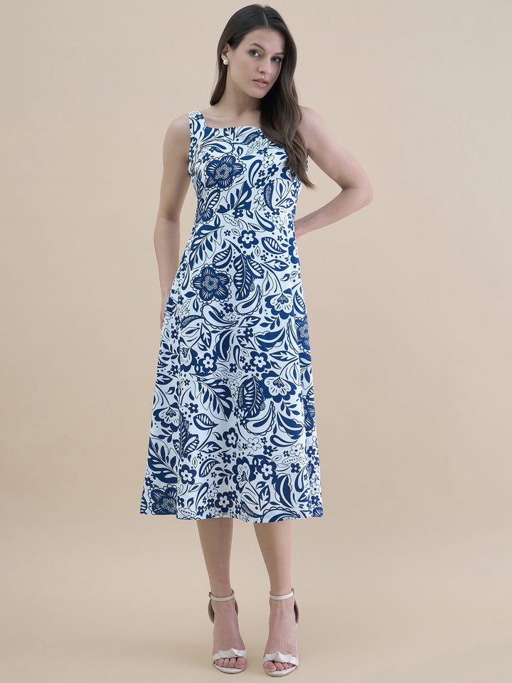 Blue-White-Cotton-Floral-Printed-Fit-&-Flare-Midi-Dress