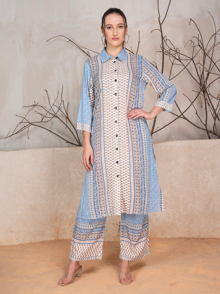 Blue & Grey Rayon Ethnic Motif Kurta & Trouser Co-Ord Set