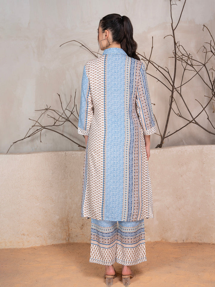 Blue & Grey Rayon Ethnic Motif Kurta & Trouser Co-Ord Set