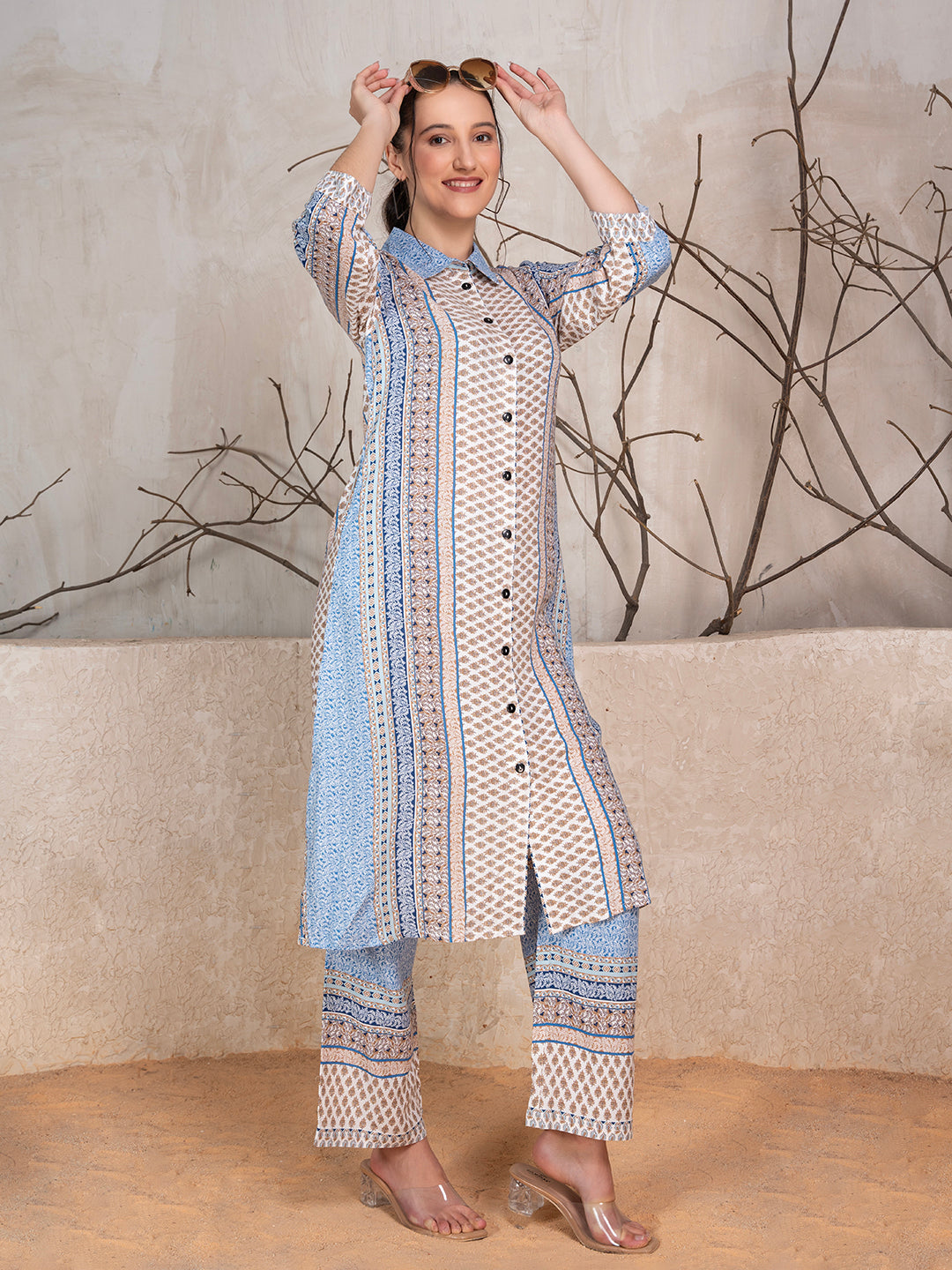 Blue & Grey Rayon Ethnic Motif Kurta & Trouser Co-Ord Set