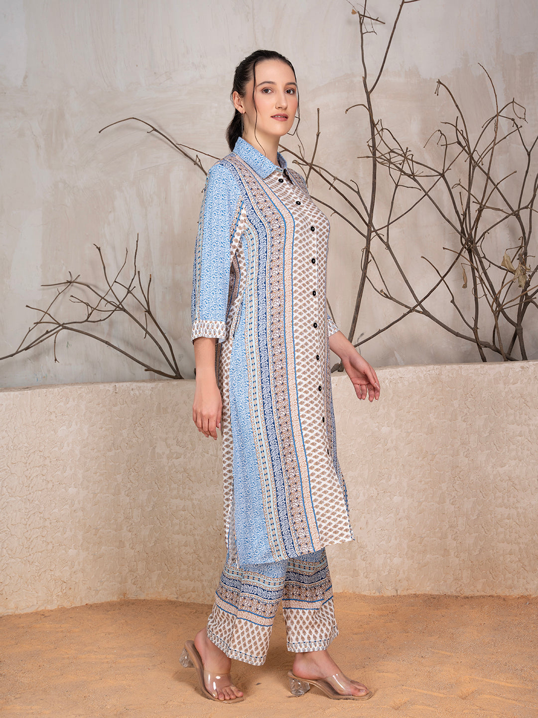 Blue & Grey Rayon Ethnic Motif Kurta & Trouser Co-Ord Set