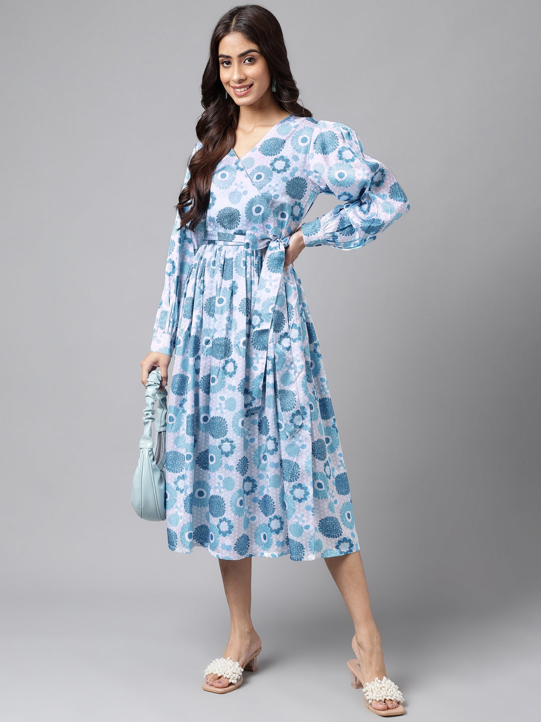 Blue & Grey Satin Floral Printed Casual Wrap Dress