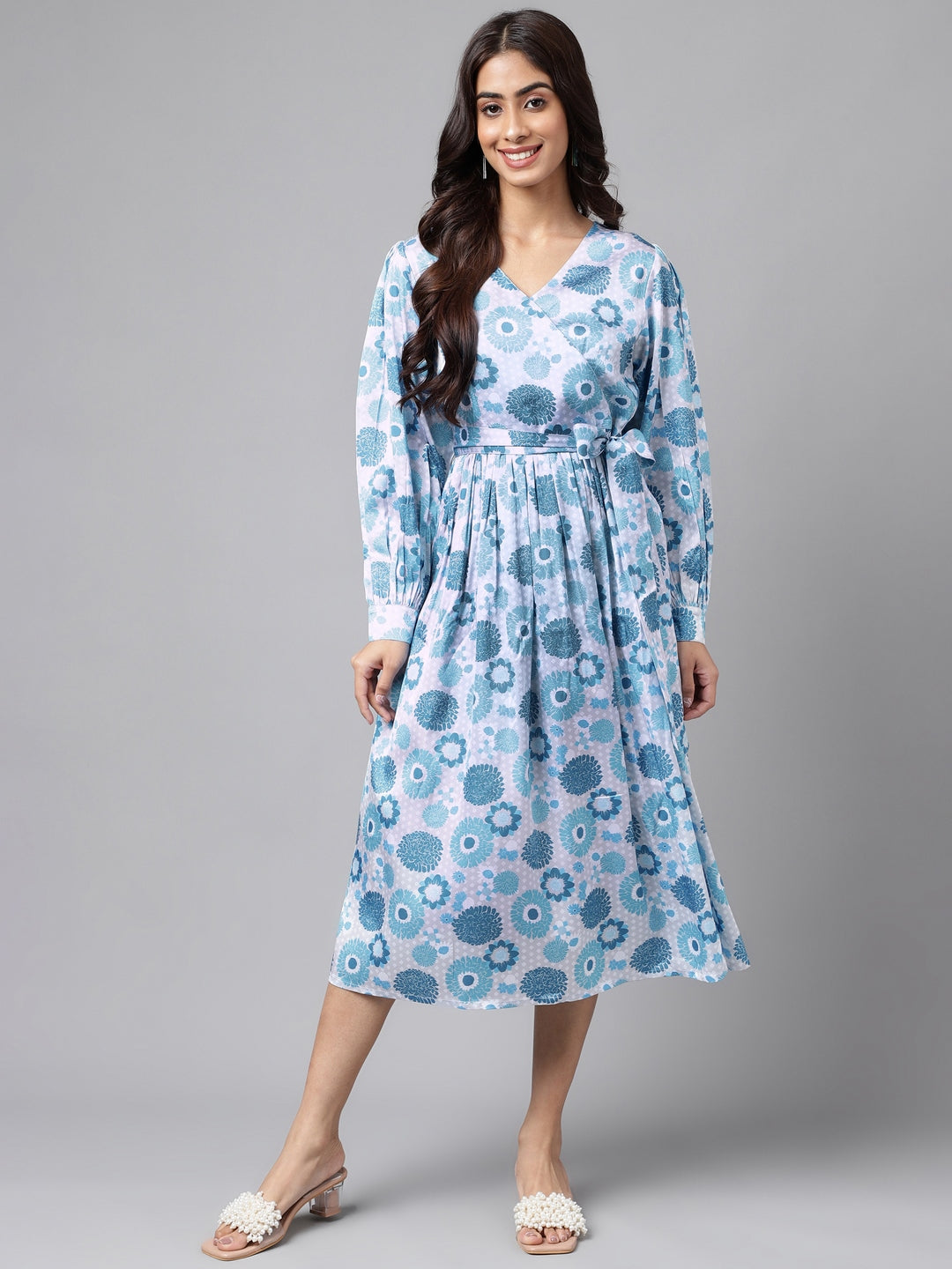 Blue & Grey Satin Floral Printed Casual Wrap Dress