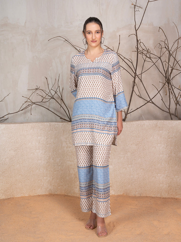 Blue & Grey Viscose Rayon Ethnic Motif Co-Ord Set