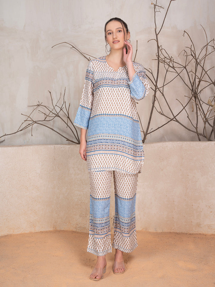 Blue & Grey Viscose Rayon Ethnic Motif Co-Ord Set