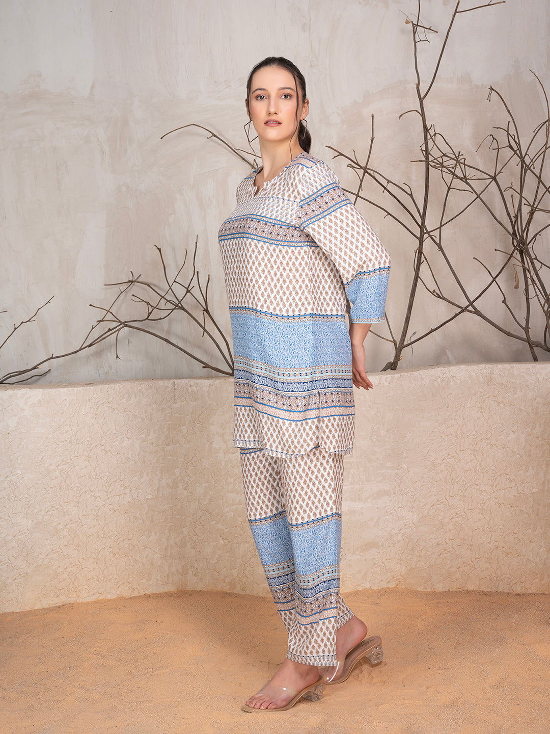 Blue & Grey Viscose Rayon Ethnic Motif Co-Ord Set