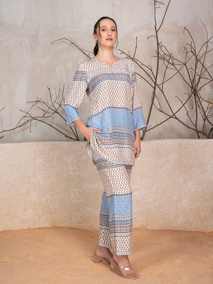 Blue & Grey Viscose Rayon Ethnic Motif Co-Ord Set