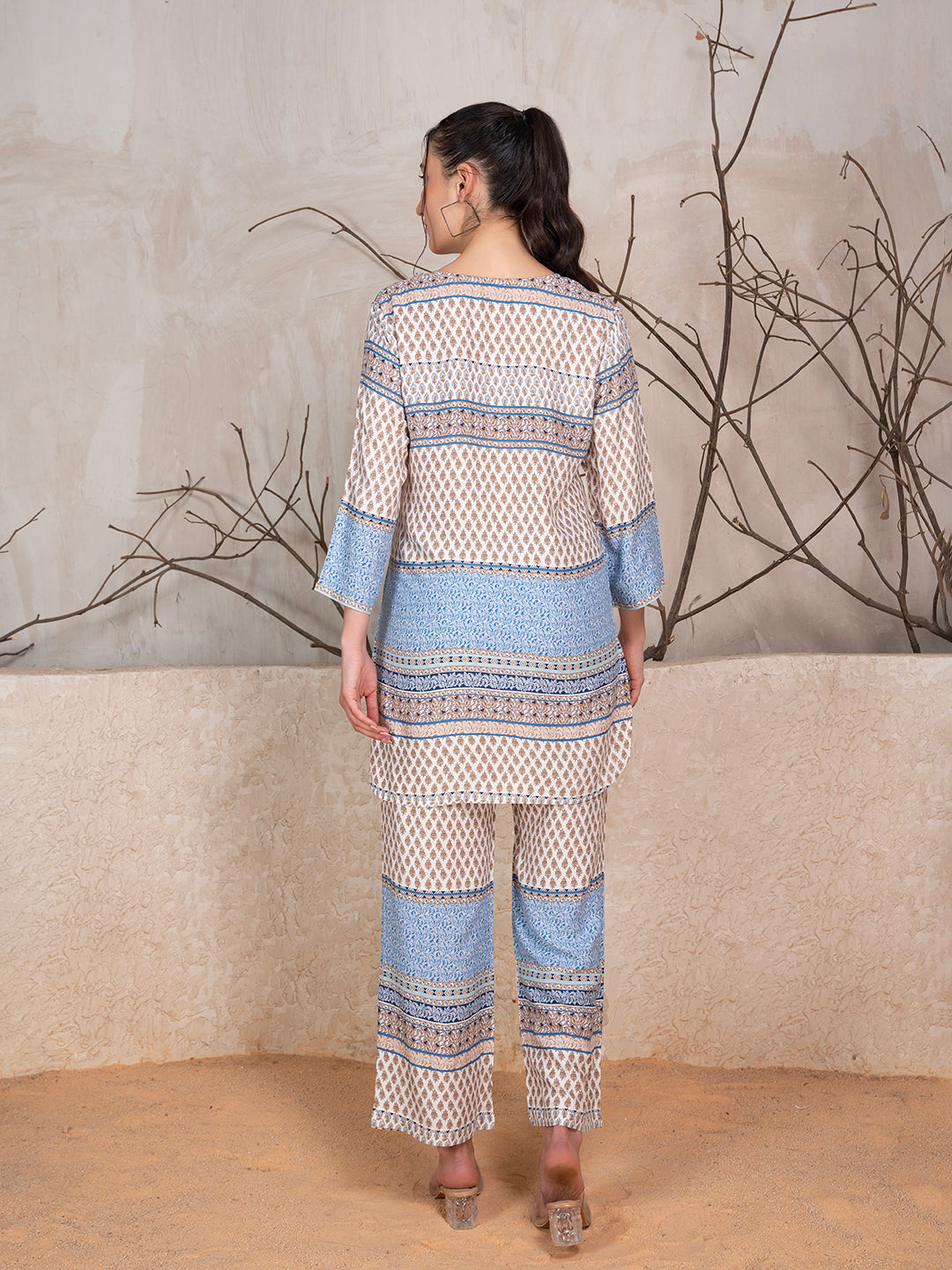 Blue & Grey Viscose Rayon Ethnic Motif Co-Ord Set