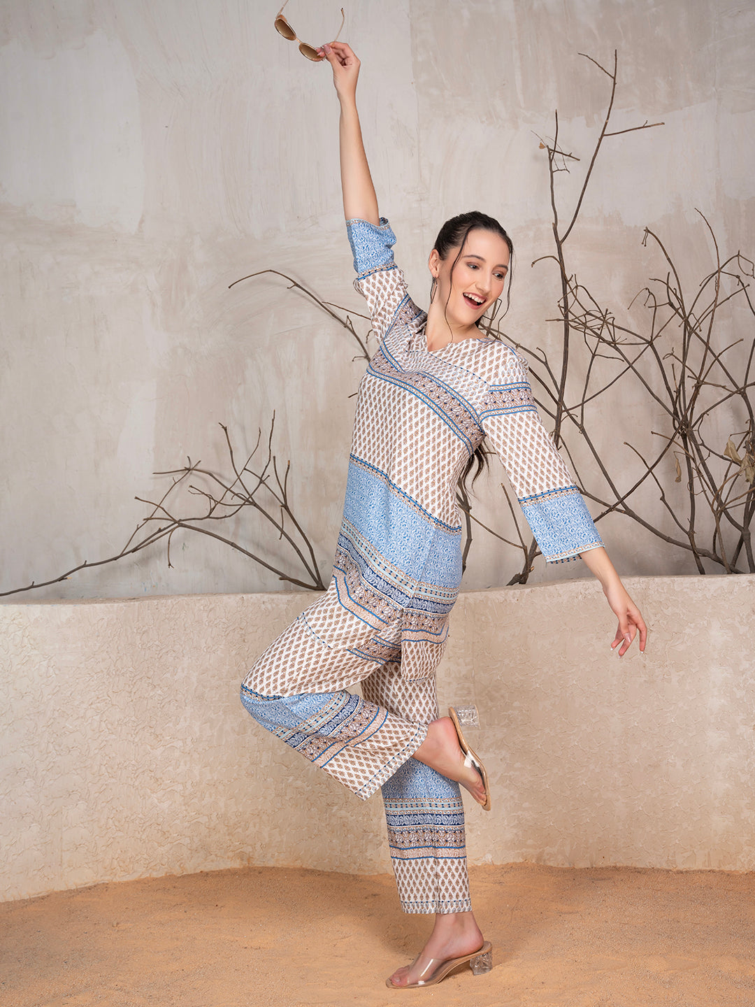 Blue & Grey Viscose Rayon Ethnic Motif Co-Ord Set