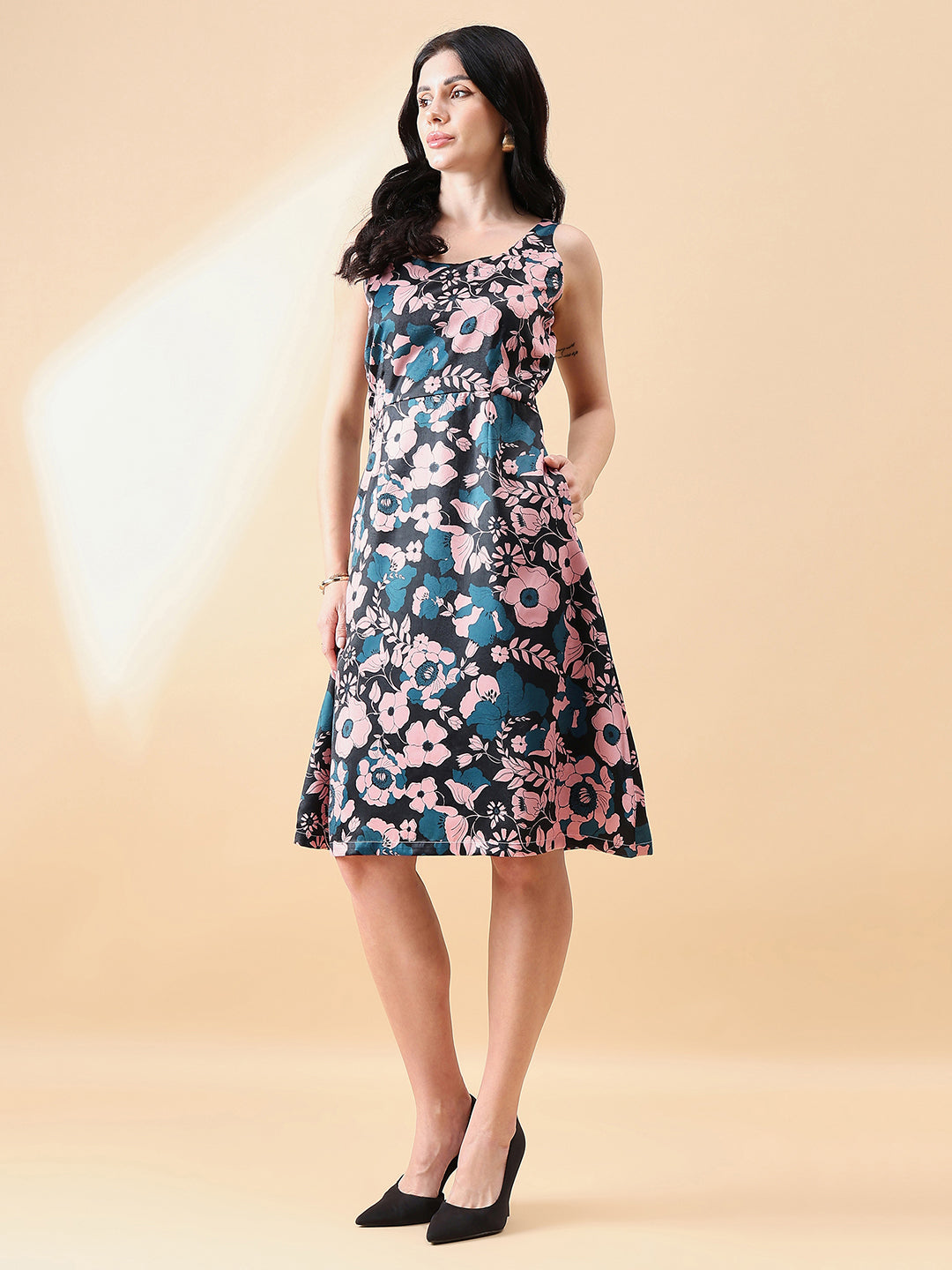 Blue-&-Peach-Satin-Printed-Floral-Apron-Dress
