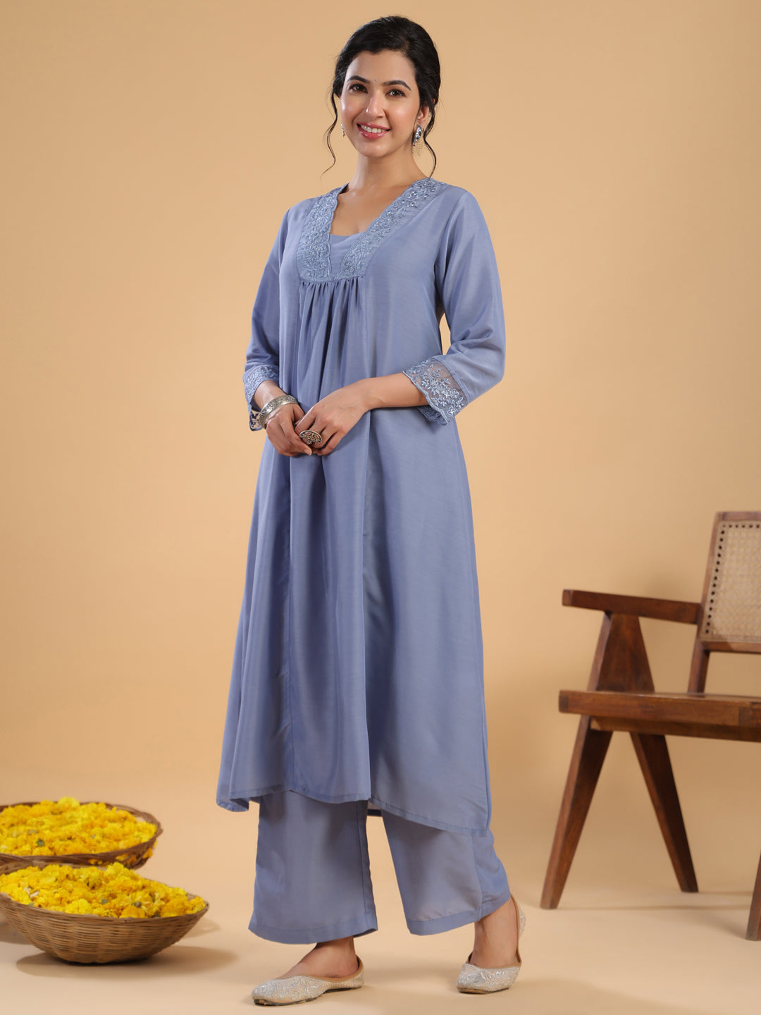 ZERESOUQ-Blue-&-Sage-Muslin-Gathering-2-Piece-Kurta-Set