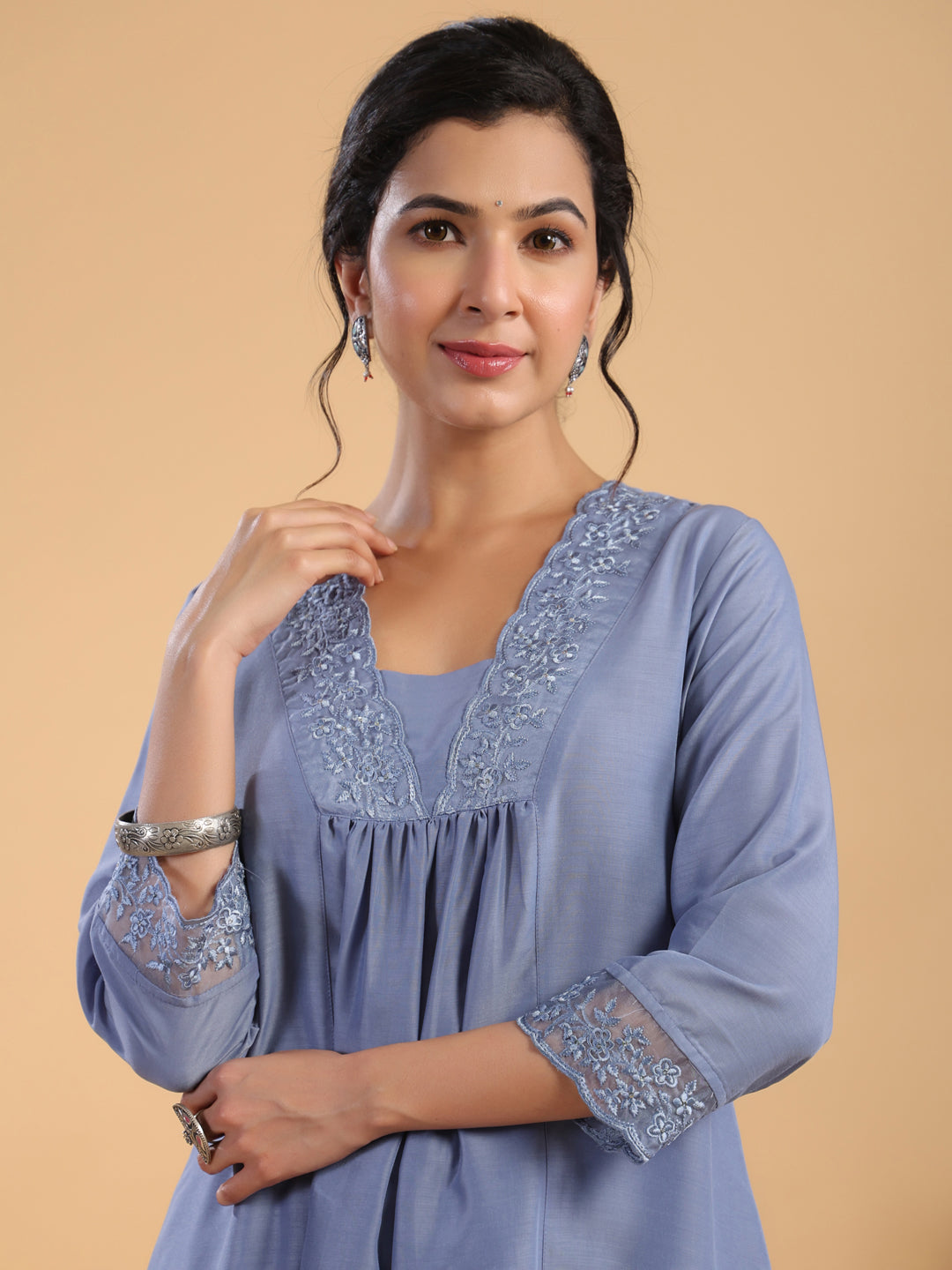 Blue-&-Sage-Muslin-Gathering-2-Piece-Kurta-Set