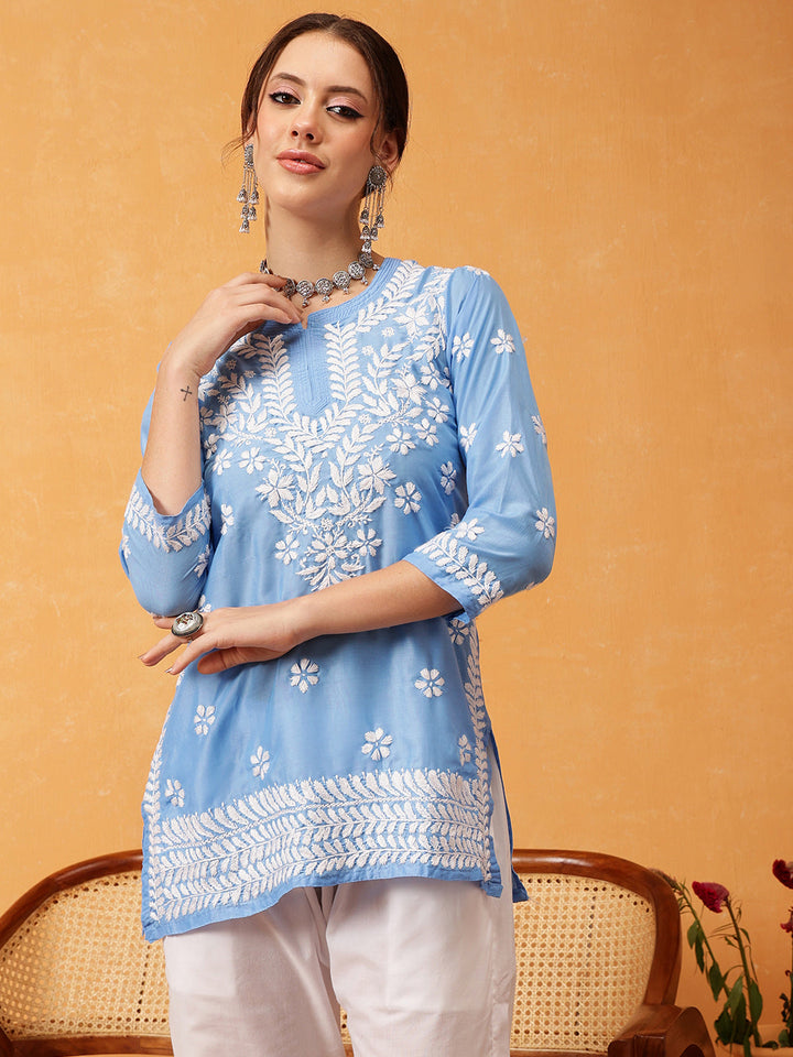 Blue & White Authentic Muslin Chikankari Tunic