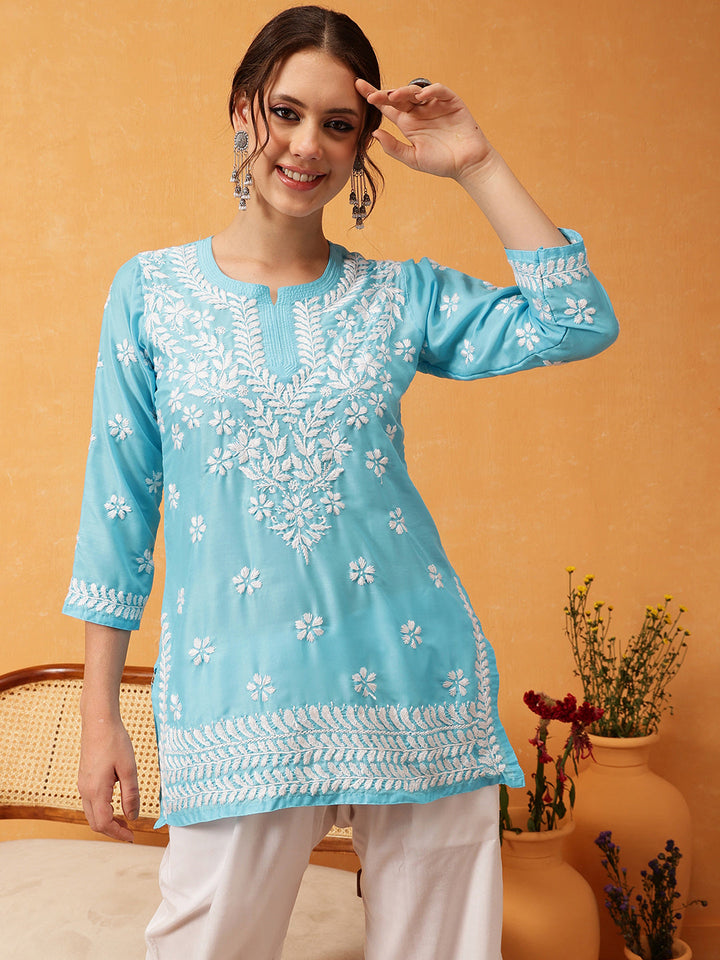 Blue & White Authentic Muslin Chikankari Tunic