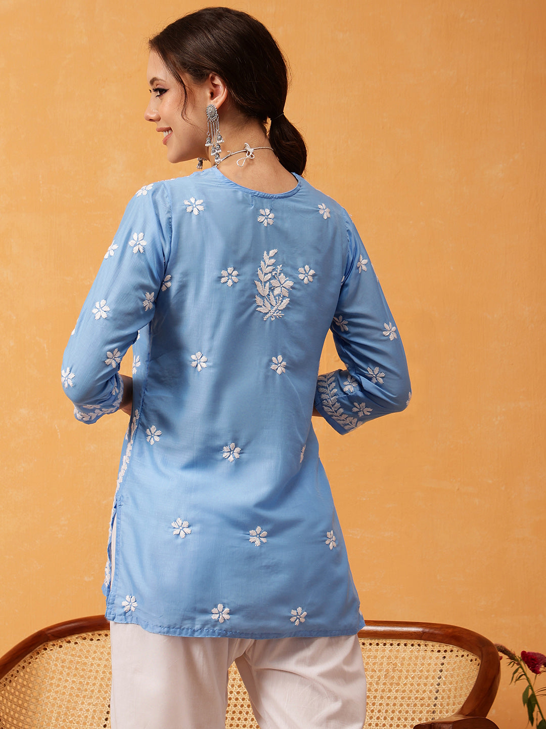 Blue & White Authentic Muslin Chikankari Tunic