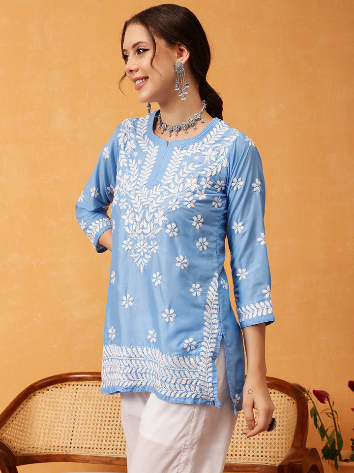 Blue & White Authentic Muslin Chikankari Tunic