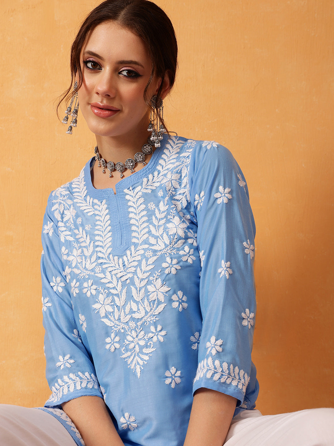 Blue & White Authentic Muslin Chikankari Tunic