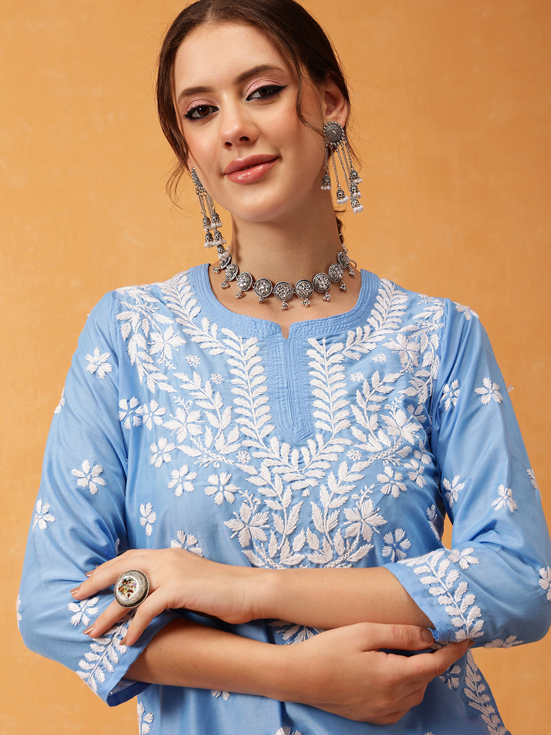 Blue & White Authentic Muslin Chikankari Tunic