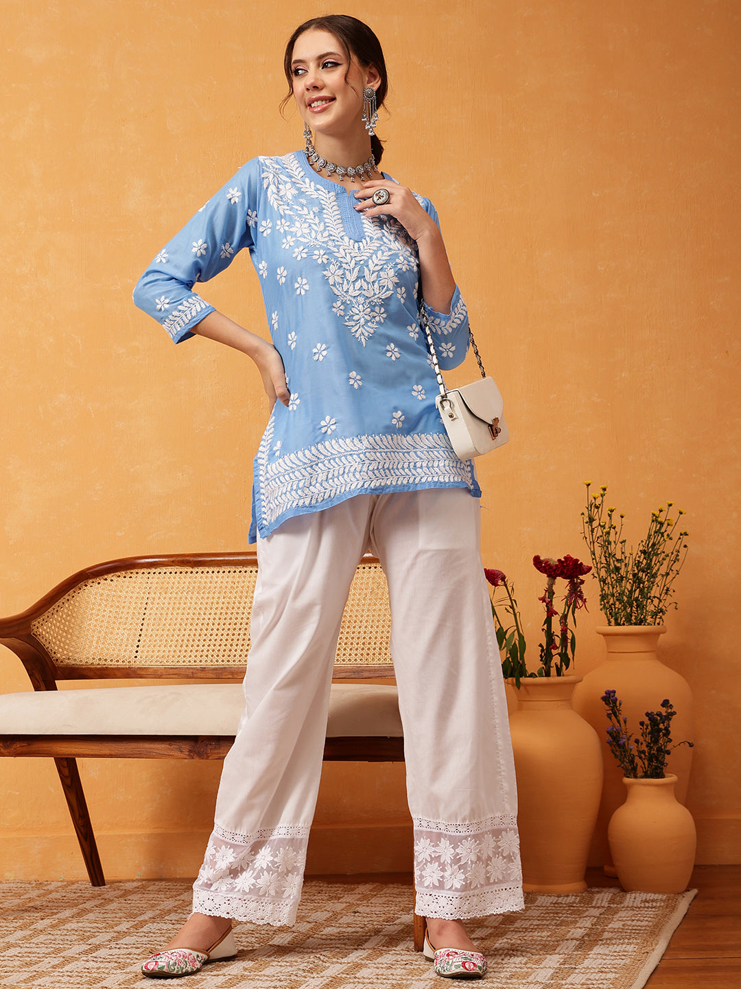 Blue & White Authentic Muslin Chikankari Tunic