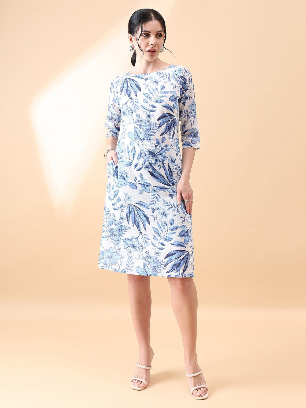 Blue-&-White-Cotton-A-Line-Floral-Printed-Dress