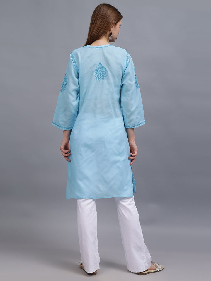 Blue-&-White-Cotton-Embroidered-Chikankari-Kurti