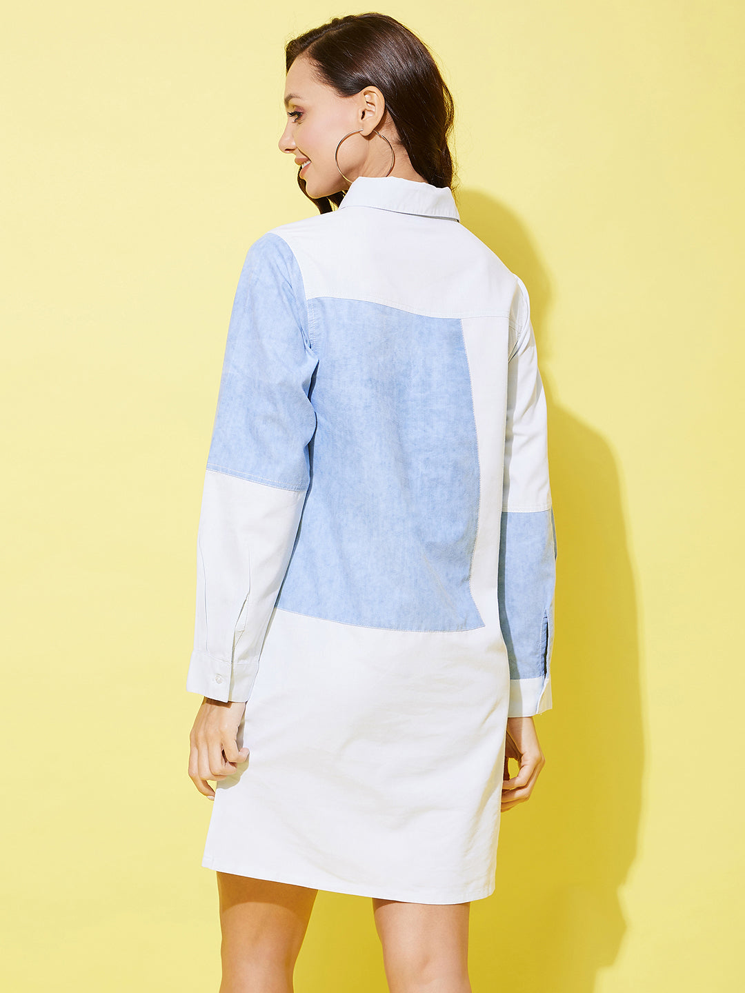 Blue-&-White-Denim-Shirt-Dress-With-Patchwork-Detail