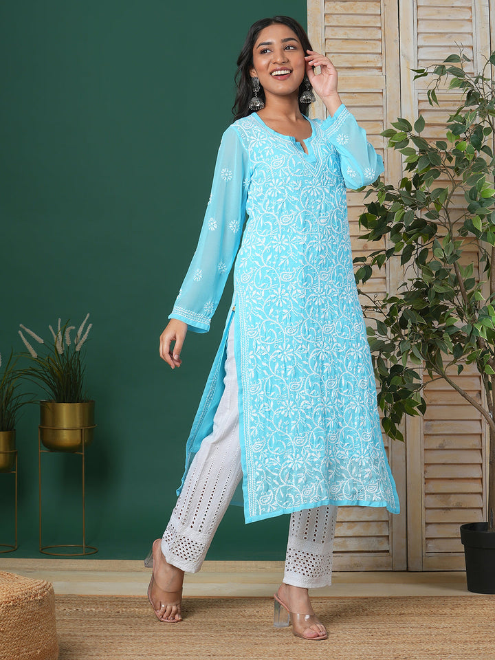 Blue & White Handloom Chikankari Kurta with Slip