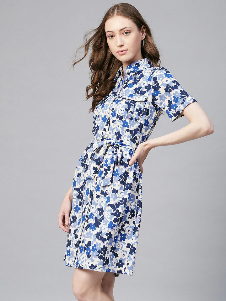 Blue-&-White-Polyester-Floral-Shirt-Dress