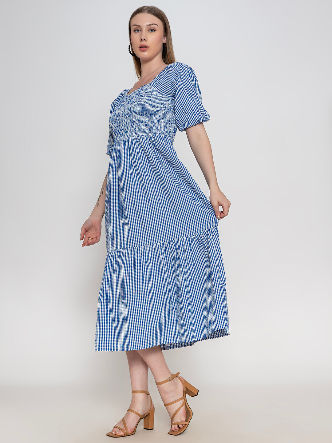 Blue-100%-Polyester-Ghingham-Smocked-Dress
