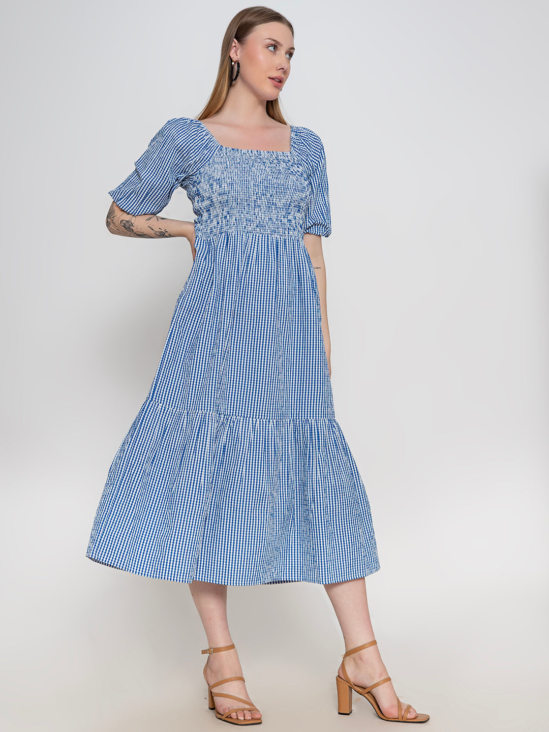 Blue-100%-Polyester-Ghingham-Smocked-Dress