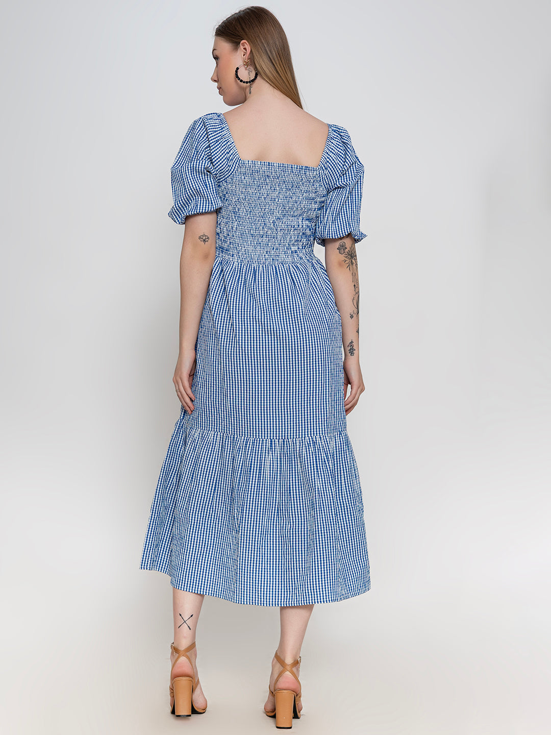 Blue-100%-Polyester-Ghingham-Smocked-Dress