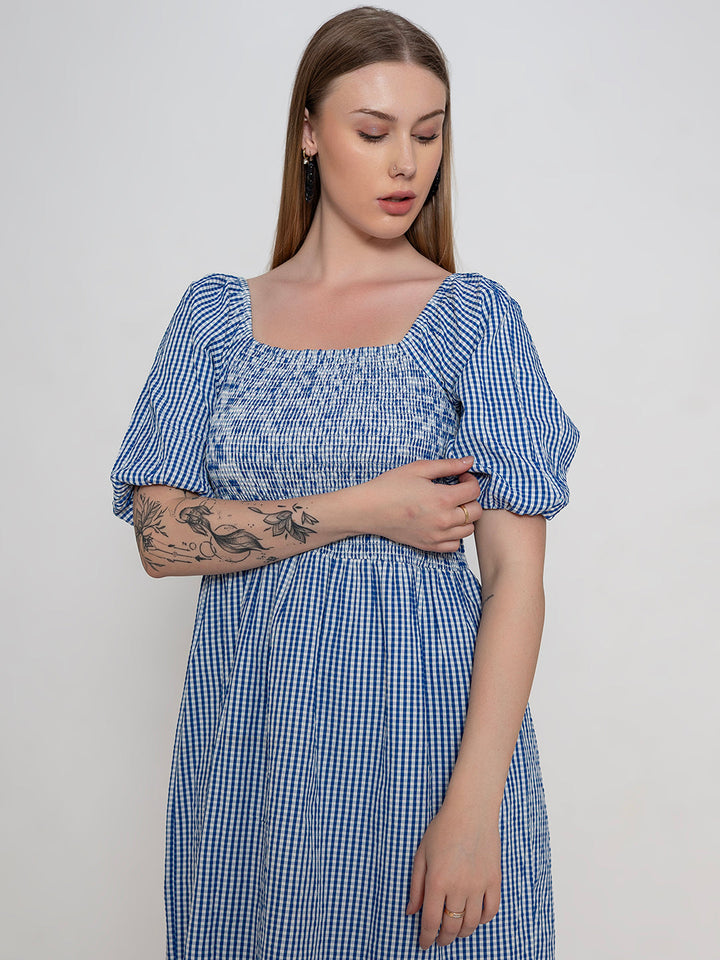 Blue-100%-Polyester-Ghingham-Smocked-Dress