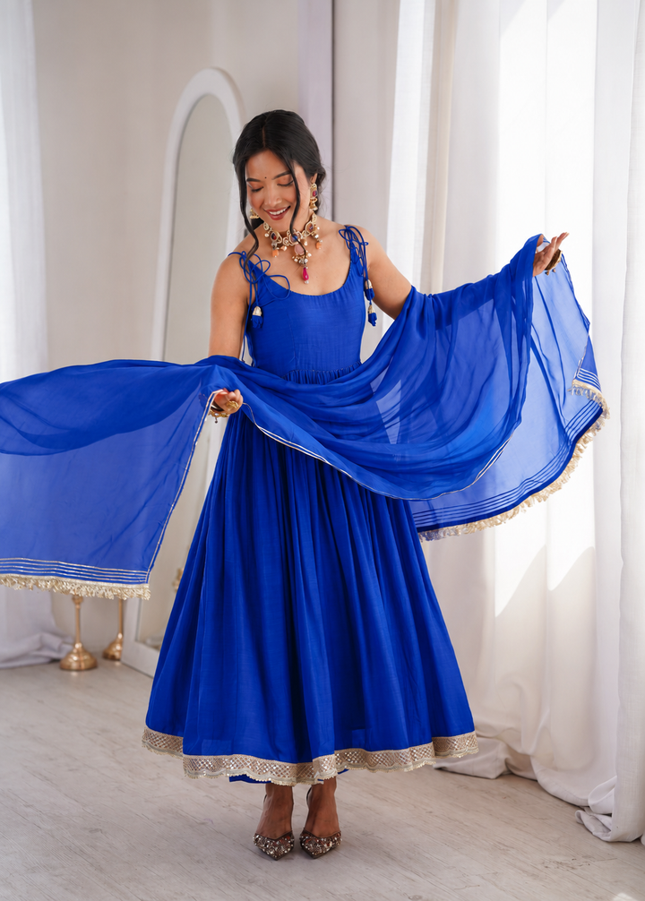 Blue Chanderi Strappy Anarkali Suit Set