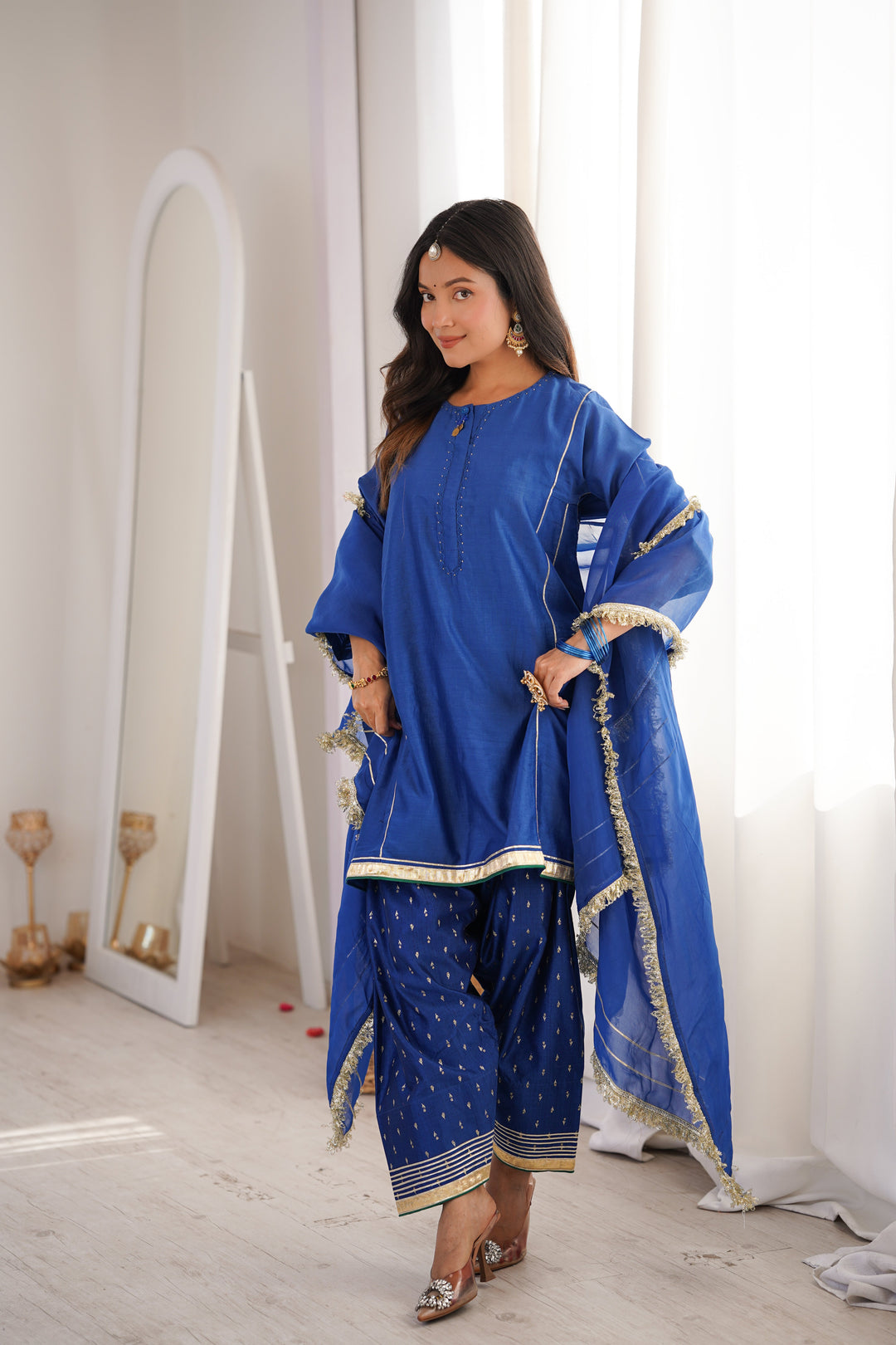 Royal Blue Chanderi Farshi Suit Set