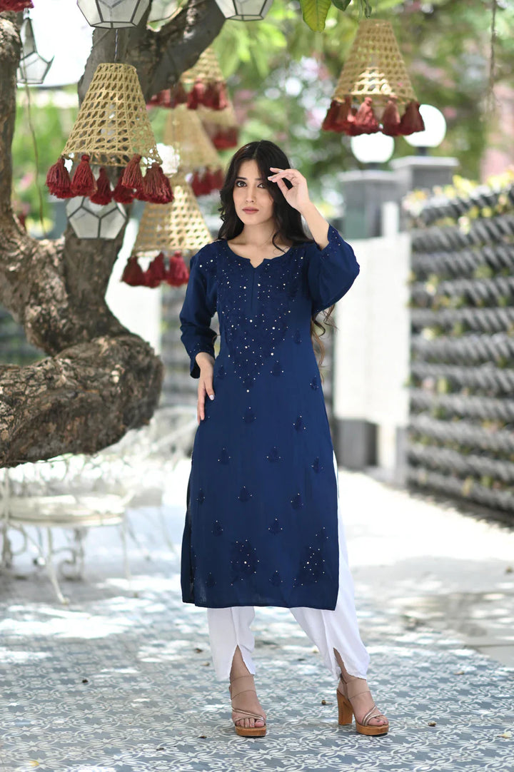 Blue Bloom Rayon Chikankari Mukaish Kurta
