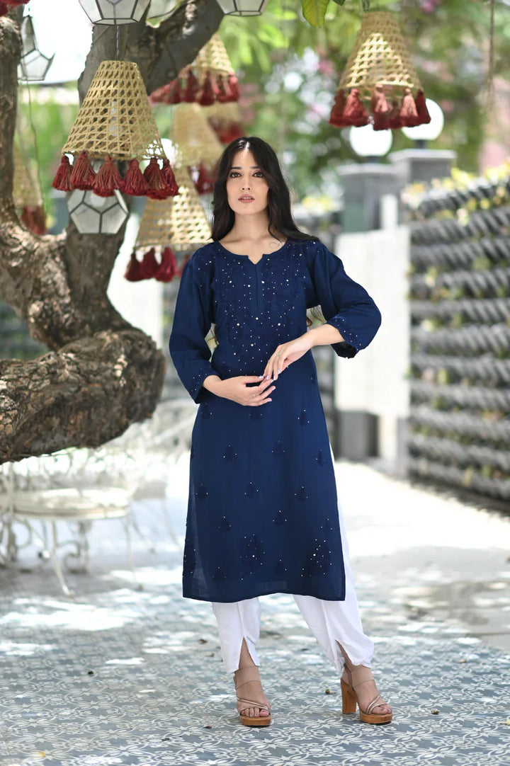 Blue Bloom Rayon Chikankari Mukaish Kurta