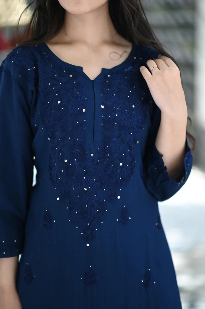 Blue Bloom Rayon Chikankari Mukaish Kurta