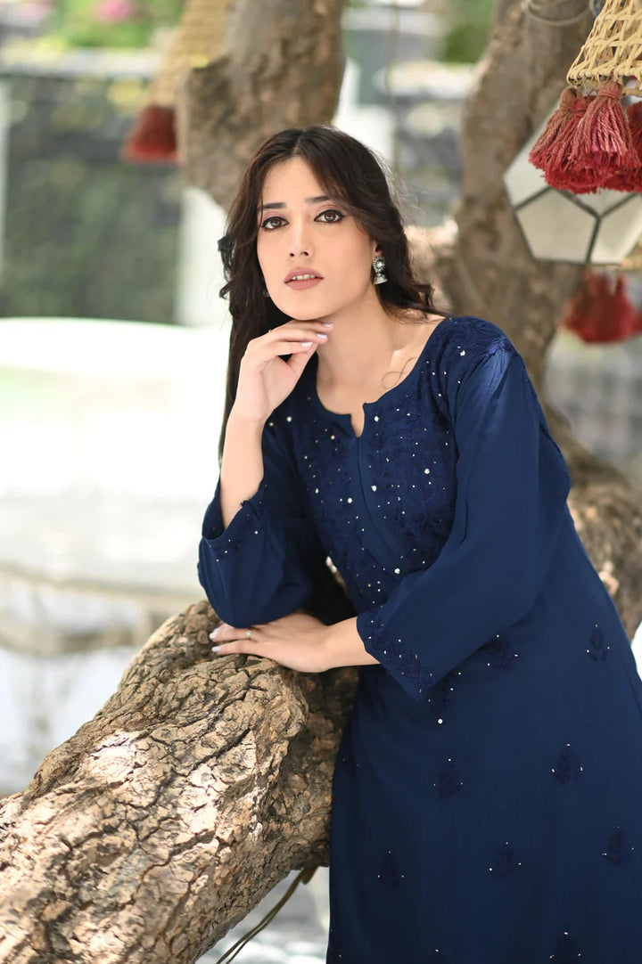 Blue Bloom Rayon Chikankari Mukaish Kurta