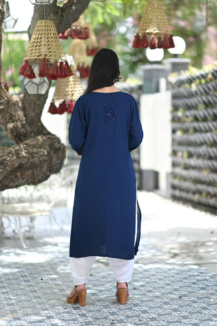 Blue Bloom Rayon Chikankari Mukaish Kurta