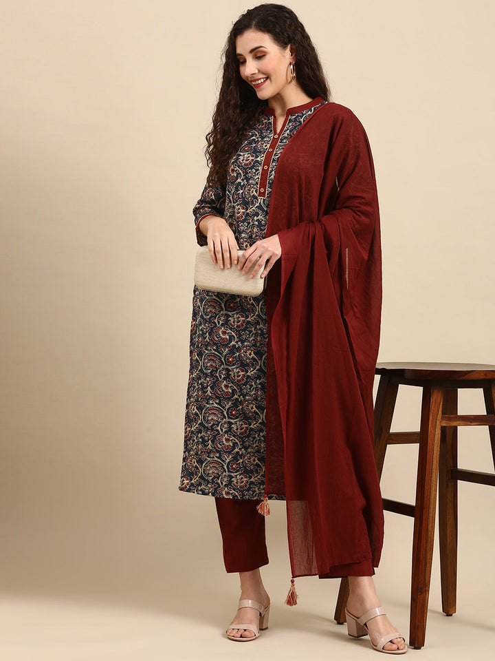 Brown & Blue Cotton Floral Print Kurta Set