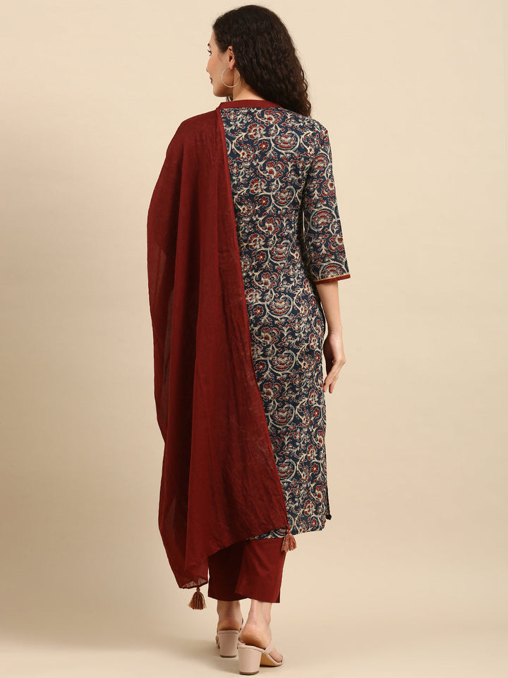 Brown & Blue Cotton Floral Print Kurta Set