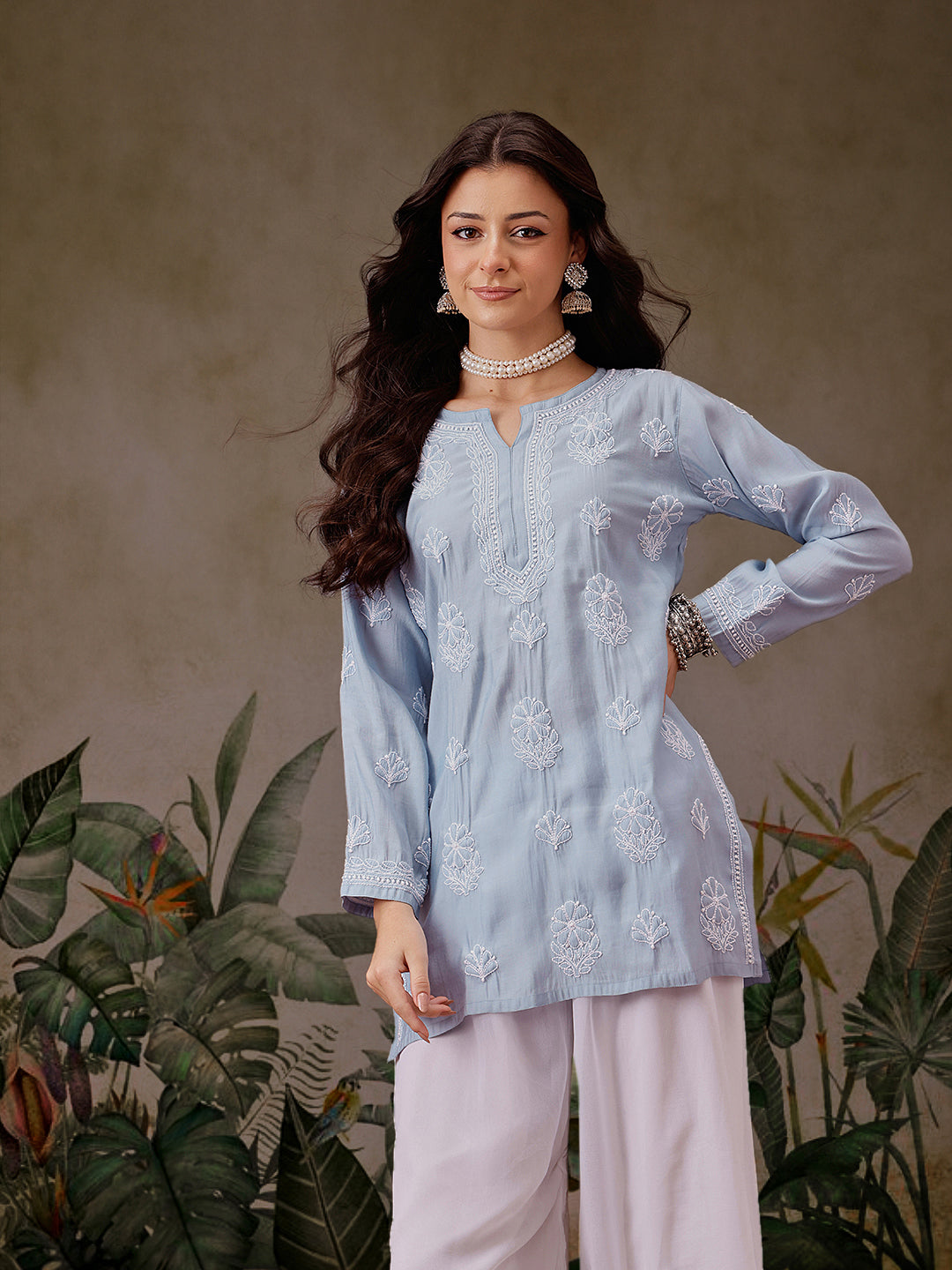 Blue-Chanderi-Lucknowi-Chikankari-Short-Kurta-ONLY