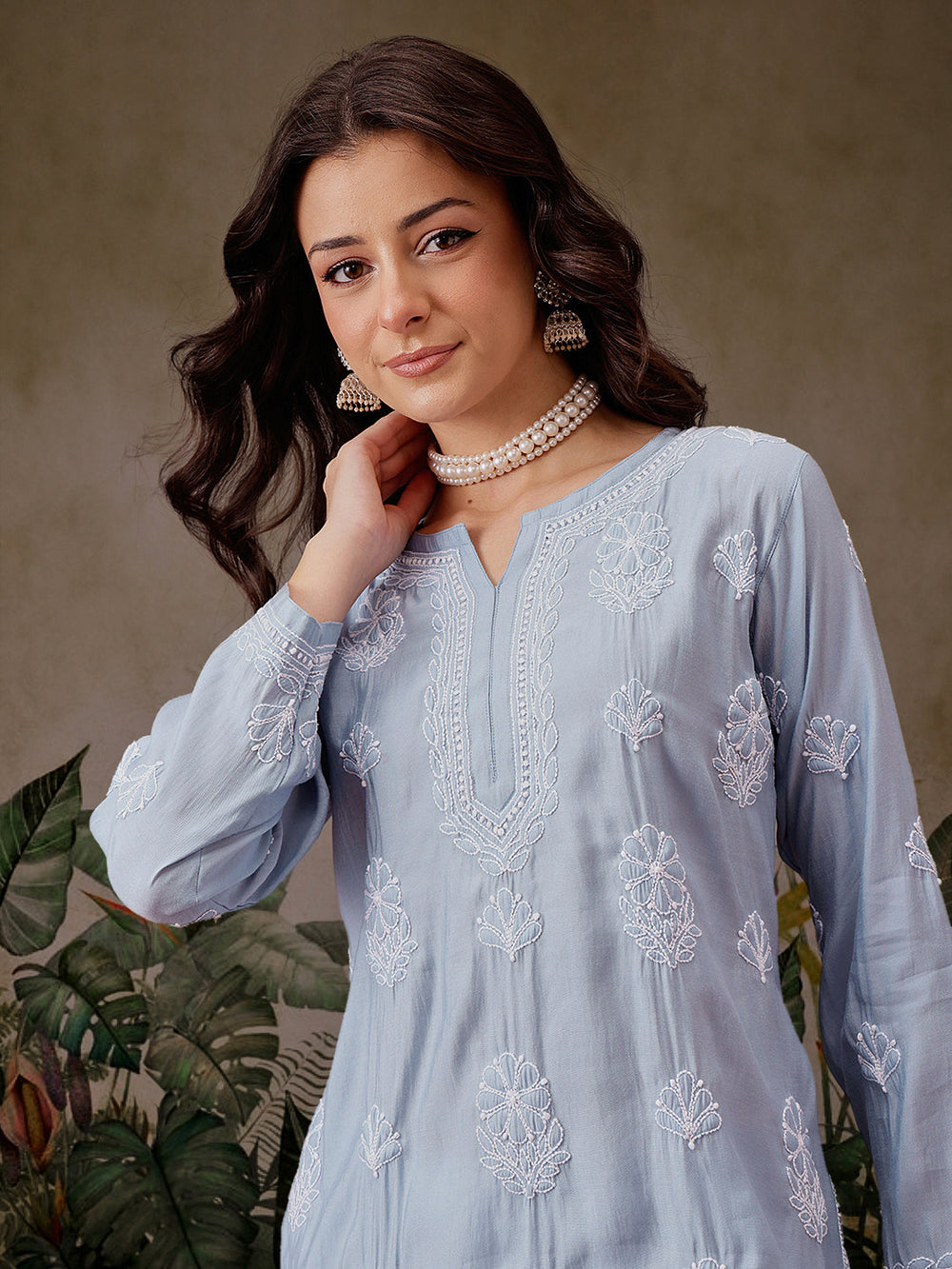 Blue-Chanderi-Lucknowi-Chikankari-Short-Kurta-ONLY