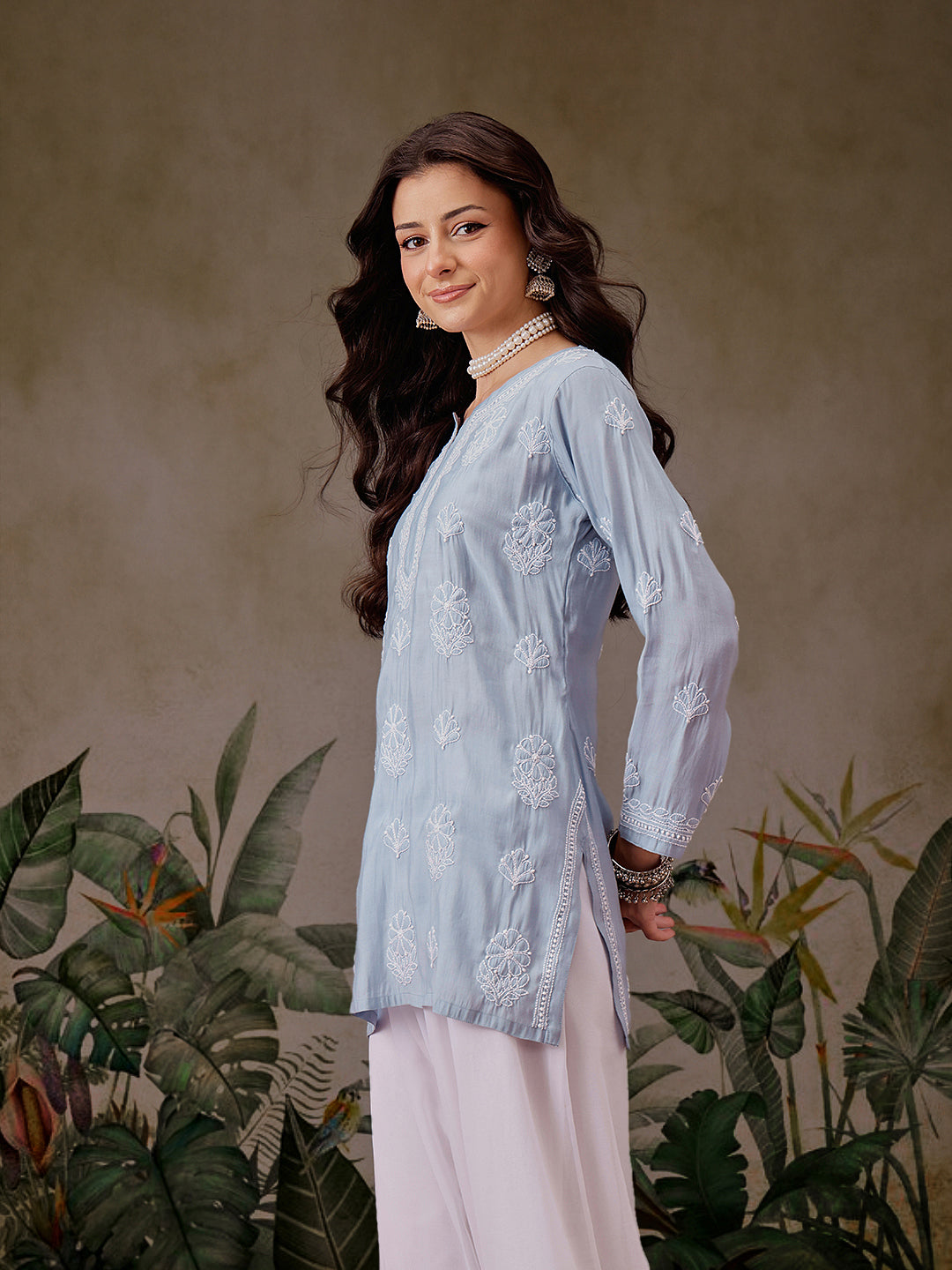 Blue-Chanderi-Lucknowi-Chikankari-Short-Kurta-ONLY